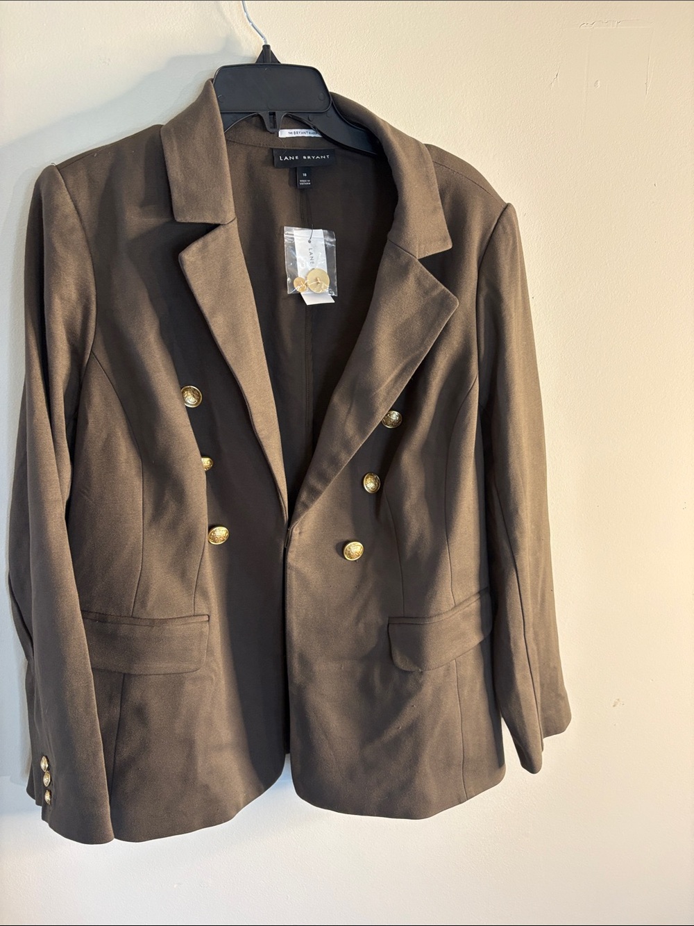 Lane Bryant Olive Green Double-Breasted Blazer with Gold Buttons
